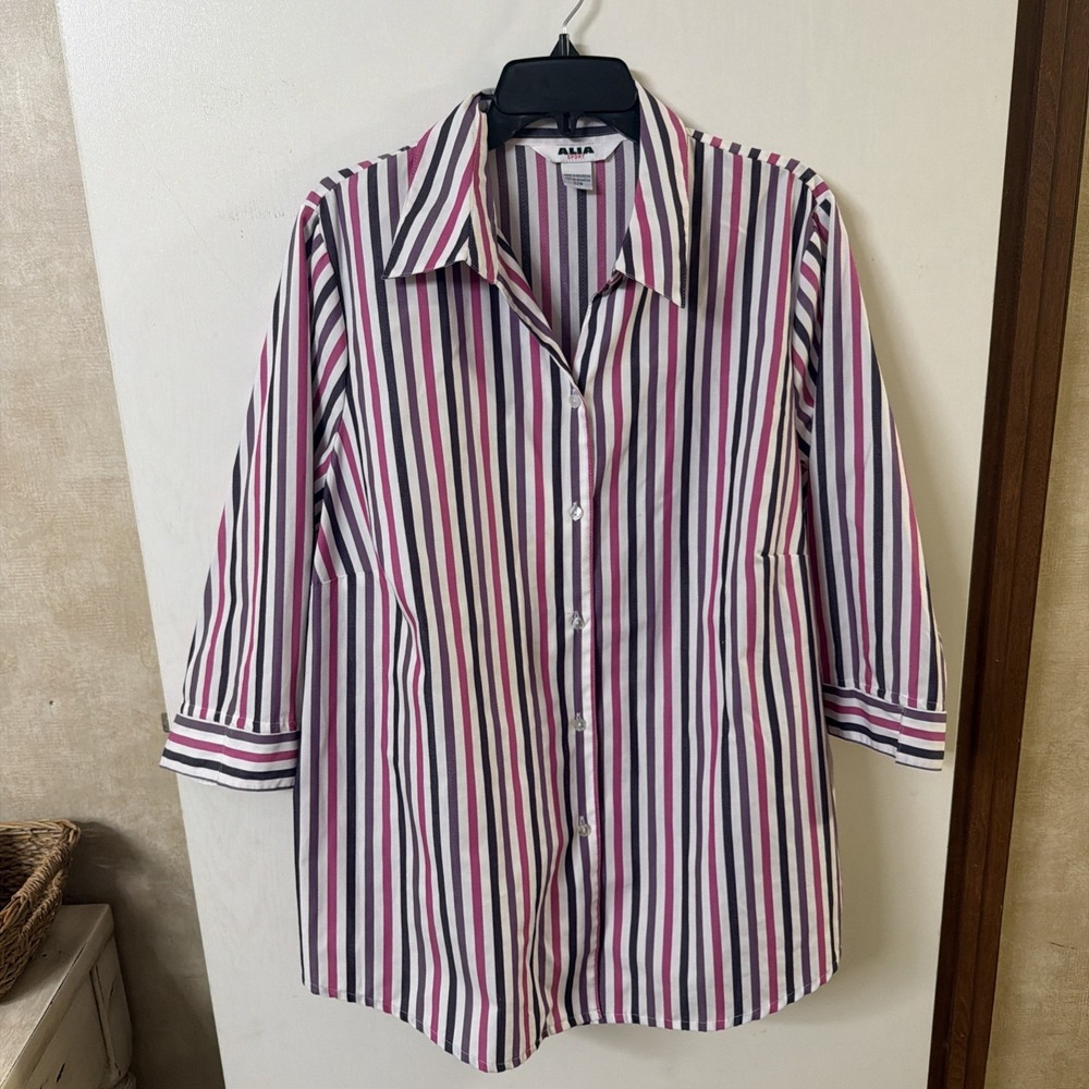 ALIA Sport Women Button Down Shirt 3/4 Sleeve Sz 22W Striped